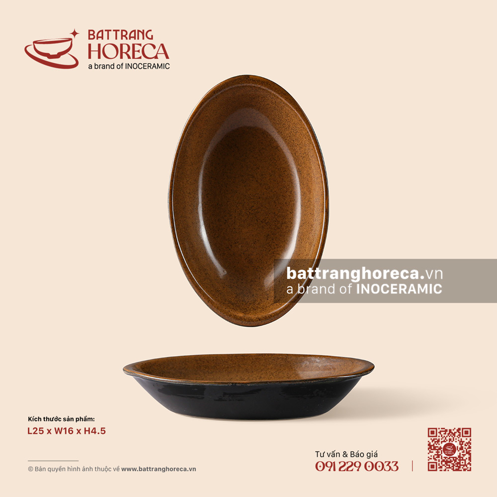 Đĩa salad bầu dục (oval) sâu lòng 25 x 16cm – Ô Thổ – Men tấm - Bát Tràng Horeca Đĩa salad bầu dục (oval) sâu lòng 25 x 16cm – Ô Thổ – Men tấm