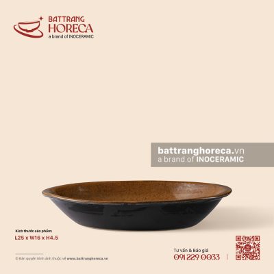 Đĩa salad bầu dục (oval) sâu lòng 25 x 16cm – Ô Thổ – Men tấm