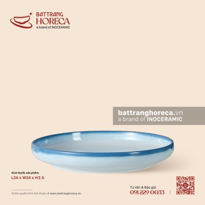 Đĩa salad thẳng thành 24cm – Biển Xanh – Men hoả biến