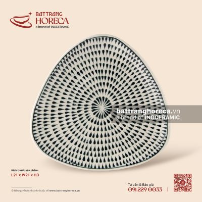 Đĩa tam giác ảo 21cm – Loang – Men ngà