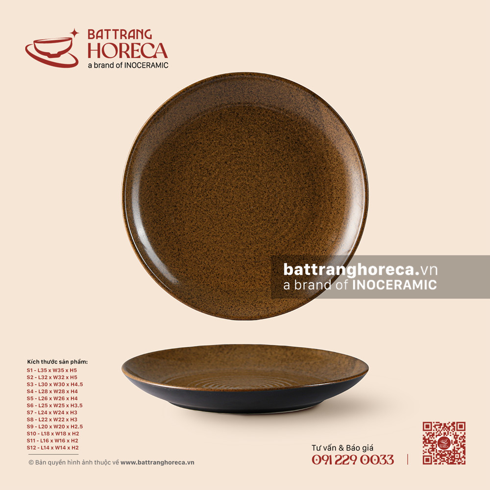 Đĩa nông tròn – Ô Thổ – Men tấm - Bát Tràng Horeca Đĩa nông tròn – Ô Thổ – Men tấm
