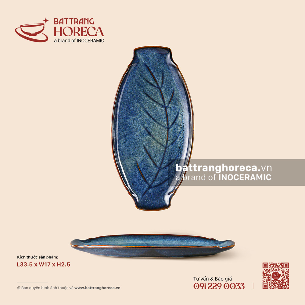 Khay bầu dục (oval) cá 33.5 x 17cm - Lam Vân - Bát Tràng Horeca Khay bầu dục (oval) cá 33.5 x 17cm - Lam Vân