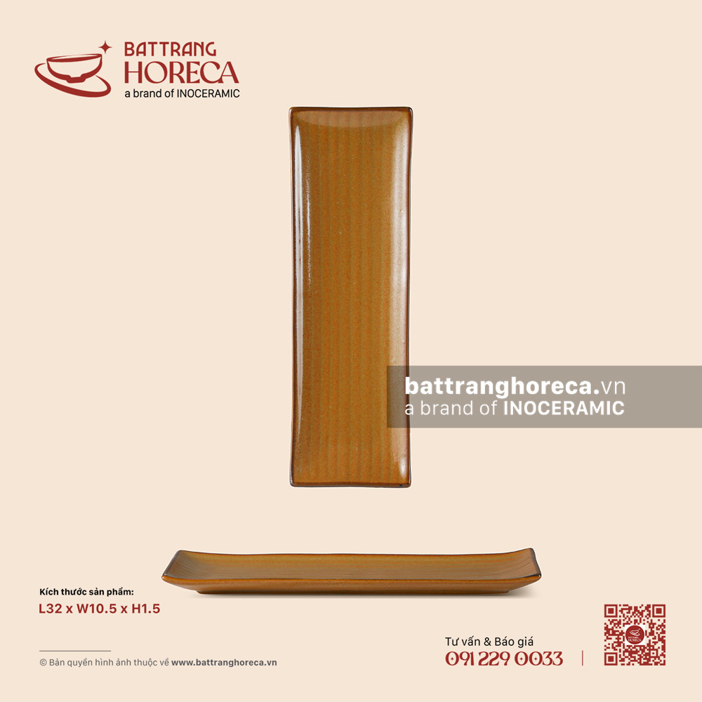 Khay chữ nhật dài vân chuối 32 x 10.5cm - Cam Mộc - Bát Tràng Horeca Khay chữ nhật dài vân chuối 32 x 10.5cm - Cam Mộc