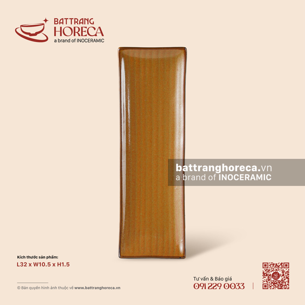 Khay chữ nhật dài vân chuối 32 x 10.5cm - Cam Mộc - Bát Tràng Horeca Khay chữ nhật dài vân chuối 32 x 10.5cm - Cam Mộc