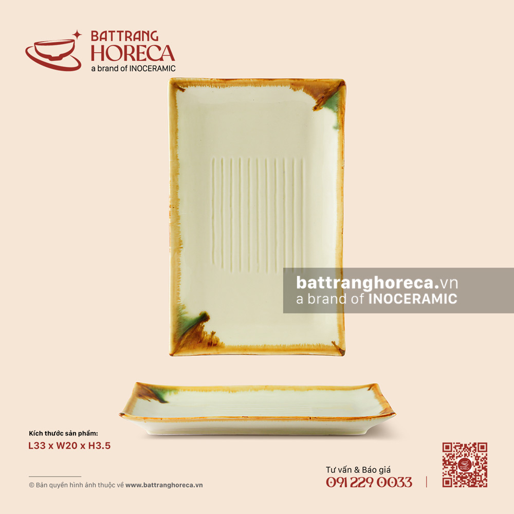 Khay chữ nhật nan 33 x 20cm – Hoàng Diệp – Men hoả biến - Bát Tràng Horeca Khay chữ nhật nan 33 x 20cm – Hoàng Diệp – Men hoả biến