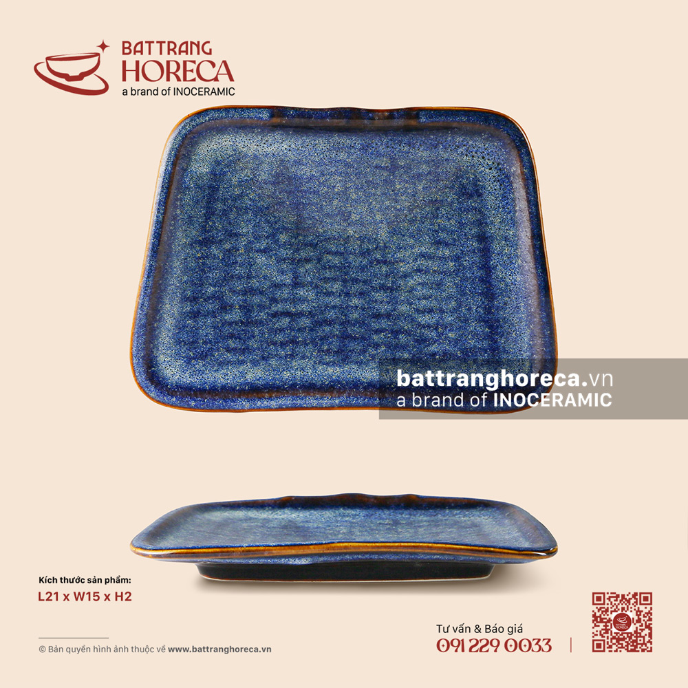 Khay hình thang 21 x 15cm - Lam Vân - Bát Tràng Horeca Khay hình thang 21 x 15cm - Lam Vân