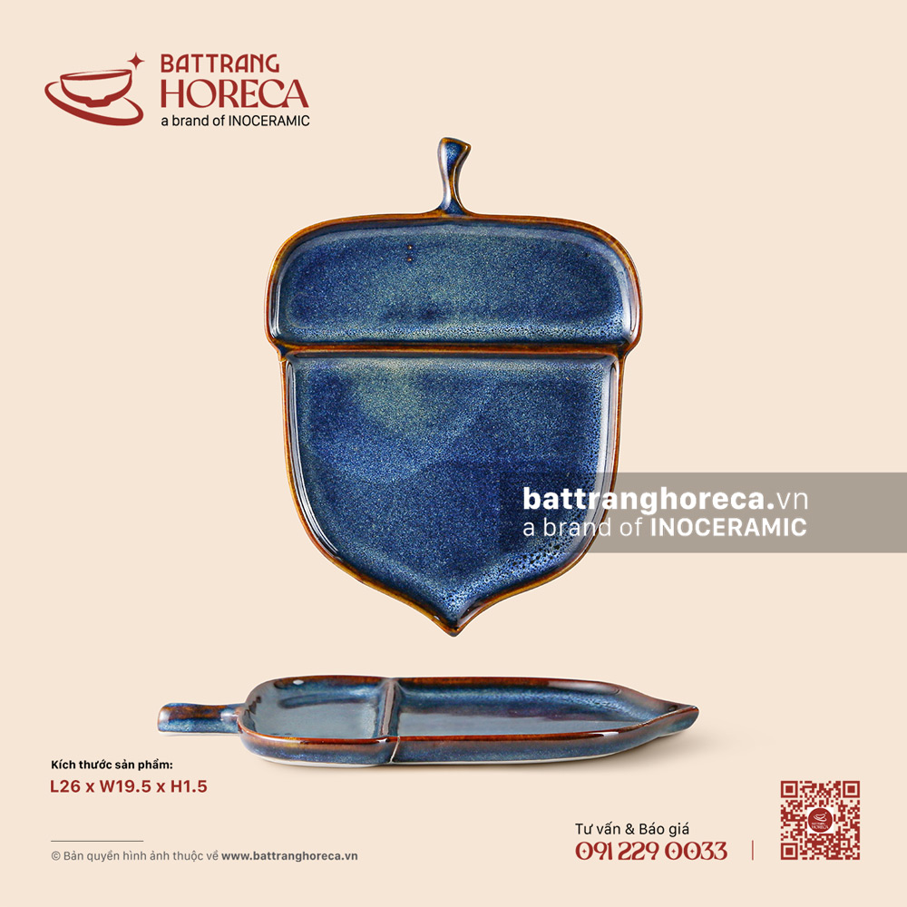 Khay quả sồi (quả hạnh) 26 x 19.5cm - Lam Vân - Bát Tràng Horeca Khay quả sồi (quả hạnh) 26 x 19.5cm - Lam Vân