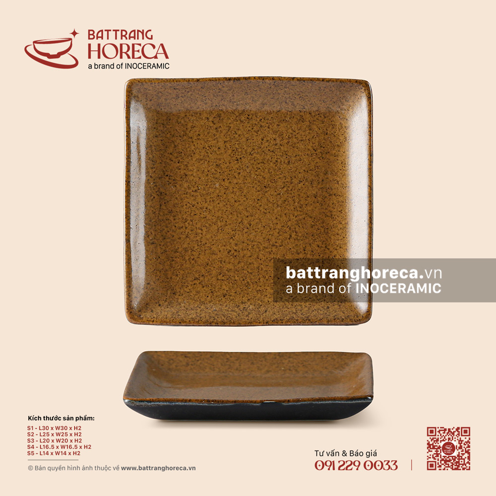 Khay vuông thành – Ô Thổ – Men tấm - Bát Tràng Horeca Khay vuông thành – Ô Thổ – Men tấm