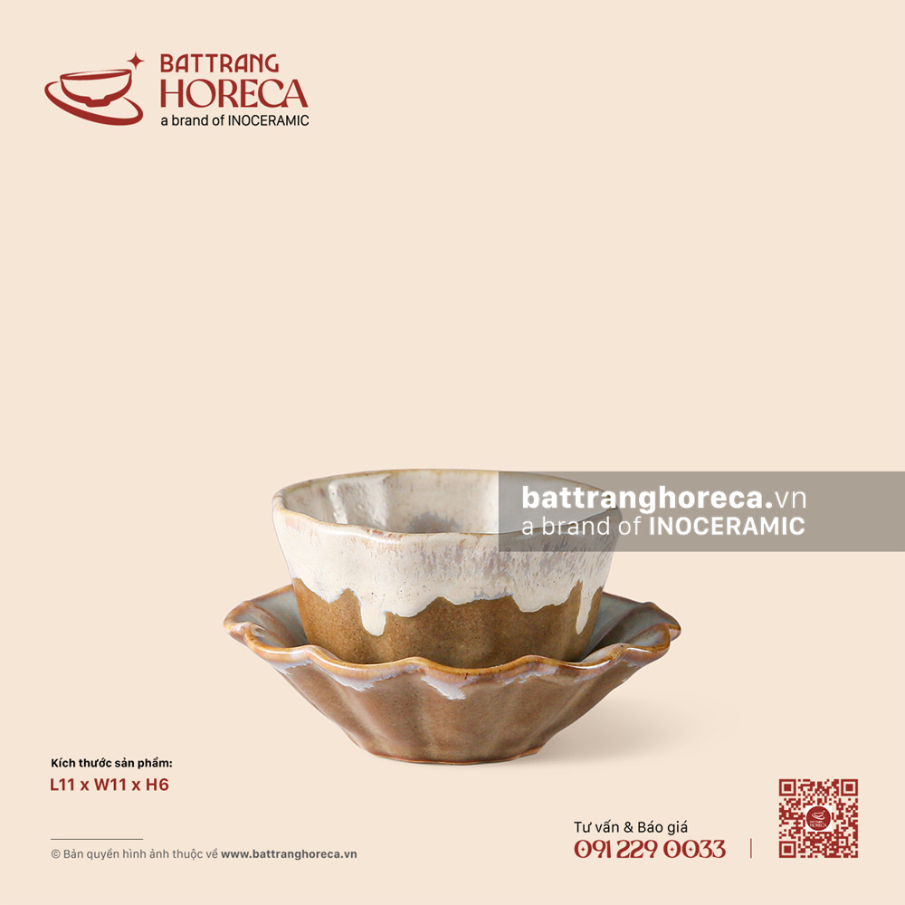 Bộ cốc hoa kèm đĩa lót 11cm - Hồng Vân - Bát Tràng Horeca Bộ cốc hoa kèm đĩa lót 11cm - Hồng Vân