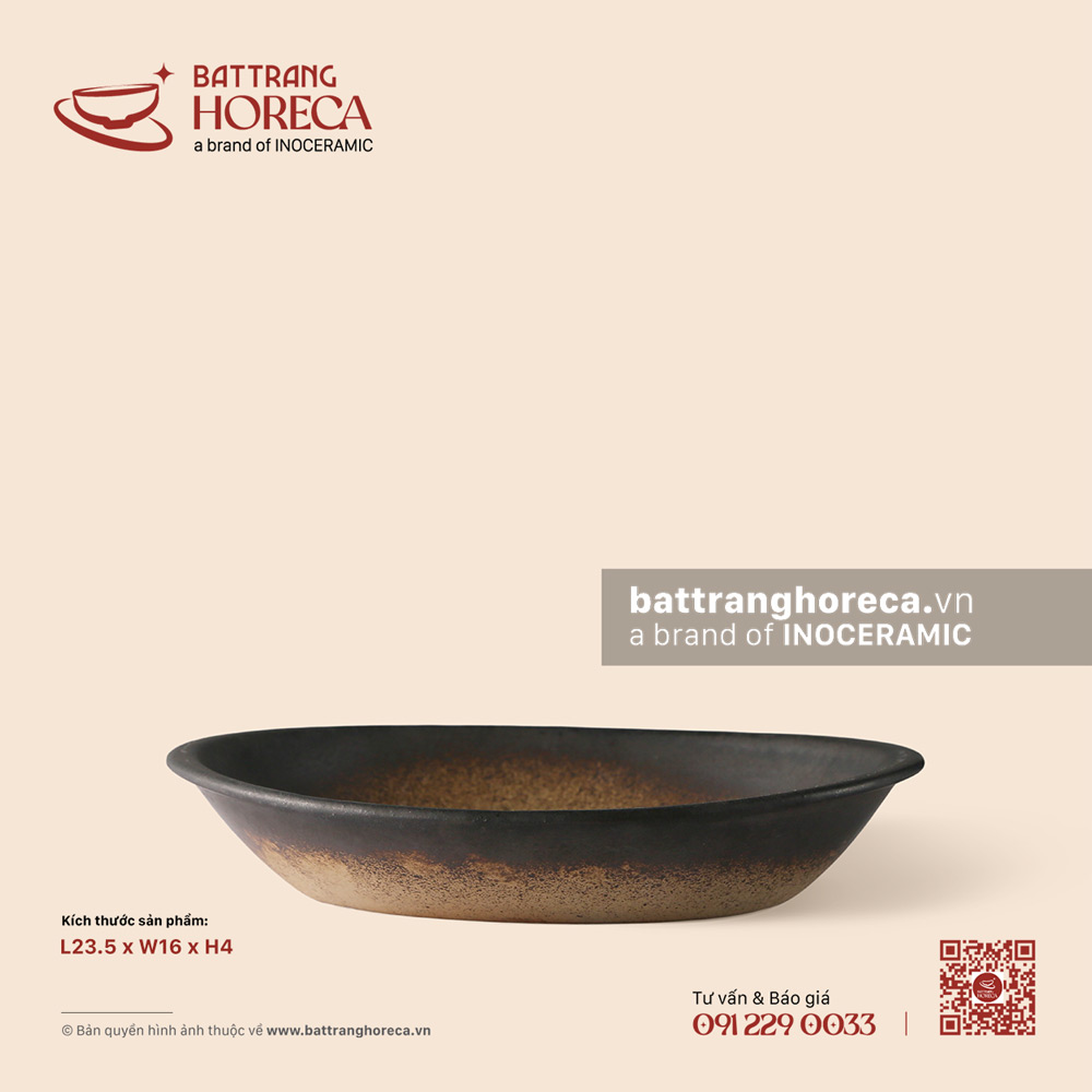 Đĩa bầu dục (oval) sâu nhỏ 23.5 x 16cm - Huyền Thổ - Bát Tràng Horeca Đĩa bầu dục (oval) sâu nhỏ 23.5 x 16cm - Huyền Thổ
