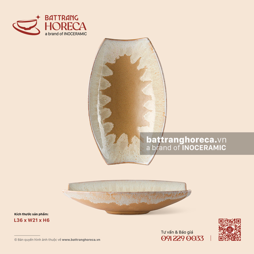 Đĩa bầu dục (oval) thuyền đại 36 x 21cm - Hồng Vân - Bát Tràng Horeca Đĩa bầu dục (oval) thuyền đại 36 x 21cm - Hồng Vân
