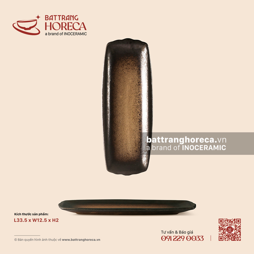 Đĩa chữ nhật dài lượn đầu 33.5 x 12.5cm - Huyền Thổ - Bát Tràng Horeca Đĩa chữ nhật dài lượn đầu 33.5 x 12.5cm - Huyền Thổ