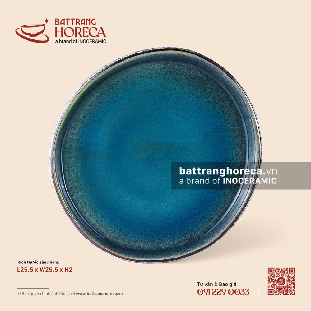 Đĩa dẹp (đĩa pizza) méo 25.5cm - Lam Hải - Bát Tràng Horeca Đĩa dẹp (đĩa pizza) méo 25.5cm - Lam Hải