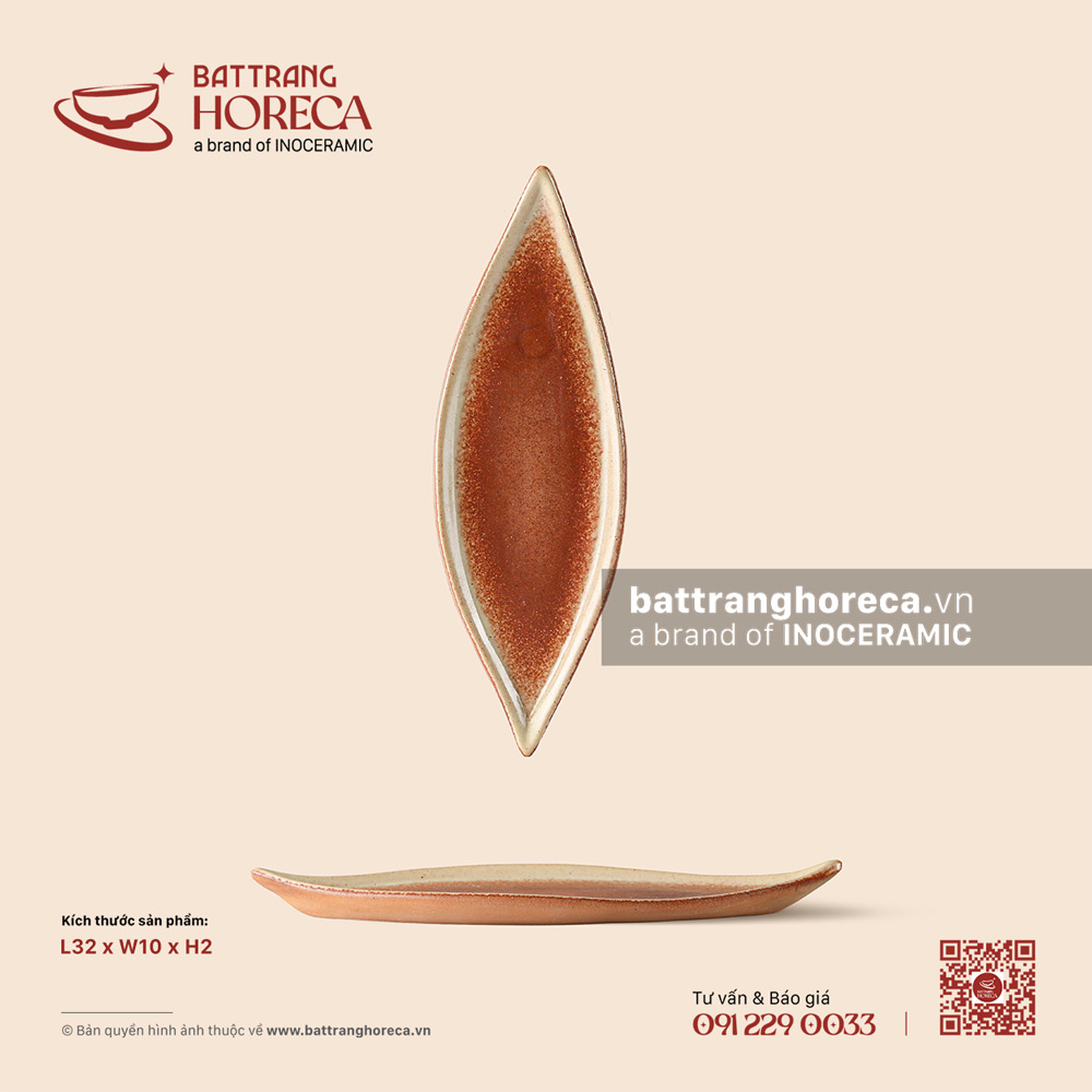 Đĩa lá nhọn 2 đầu 32 x 10cm - Bình Minh - Bát Tràng Horeca Đĩa lá nhọn 2 đầu 32 x 10cm - Bình Minh