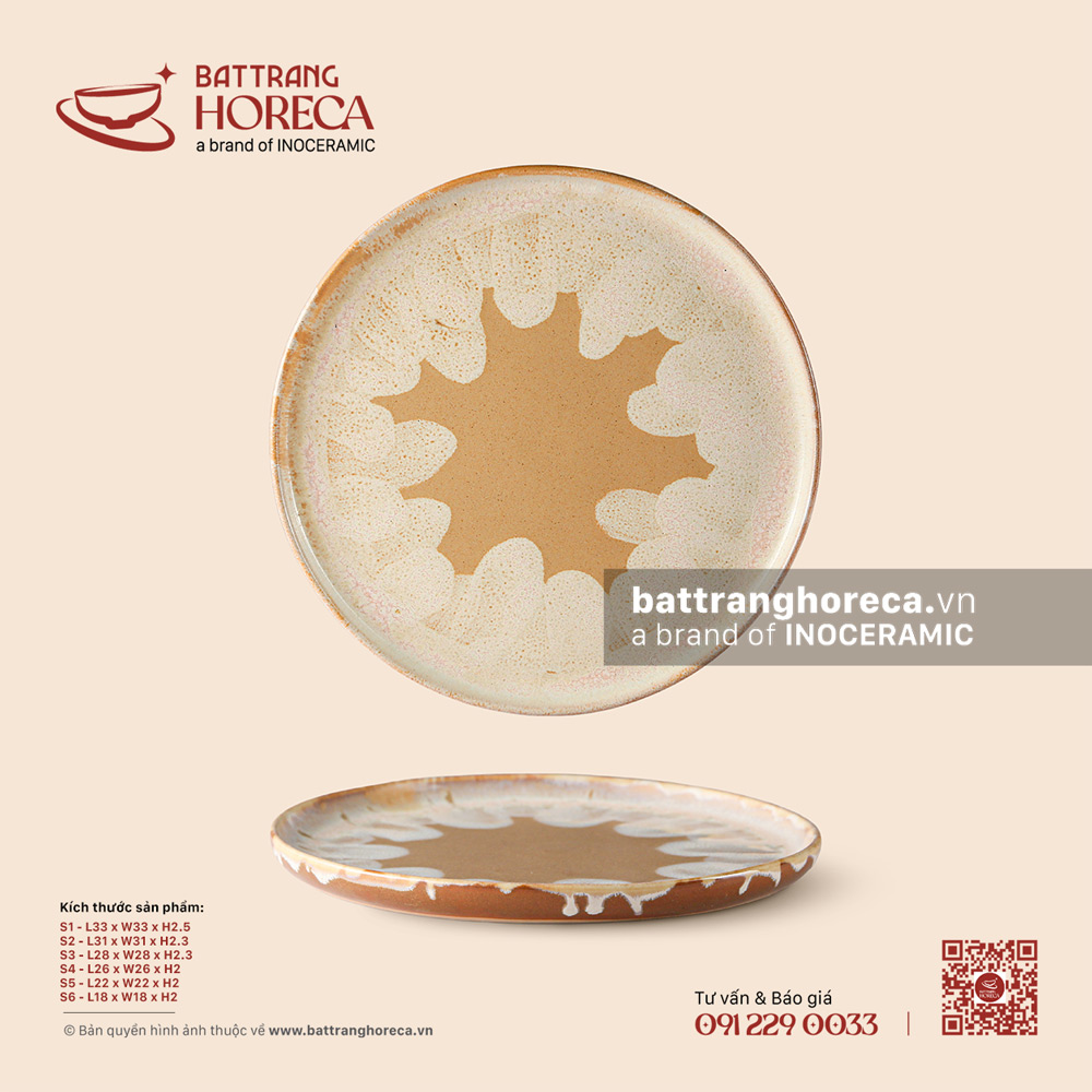 Đĩa tròn phẳng (pizza) - Hồng Vân - Bát Tràng Horeca Đĩa tròn phẳng (pizza) - Hồng Vân