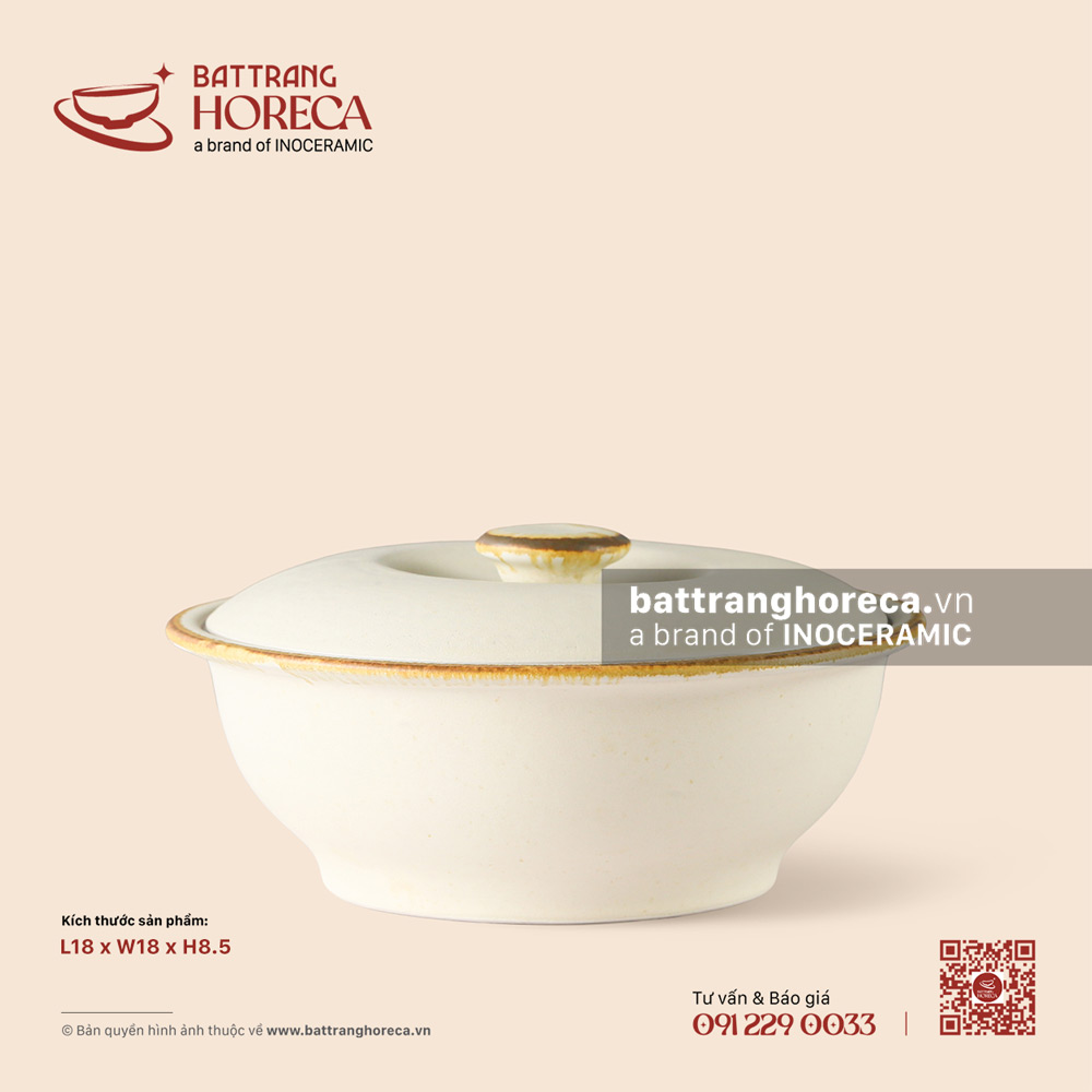 Âu (thố) dẹp không tai 18cm - Mộc Sa - Bát Tràng Horeca Âu (thố) dẹp không tai 18cm - Mộc Sa