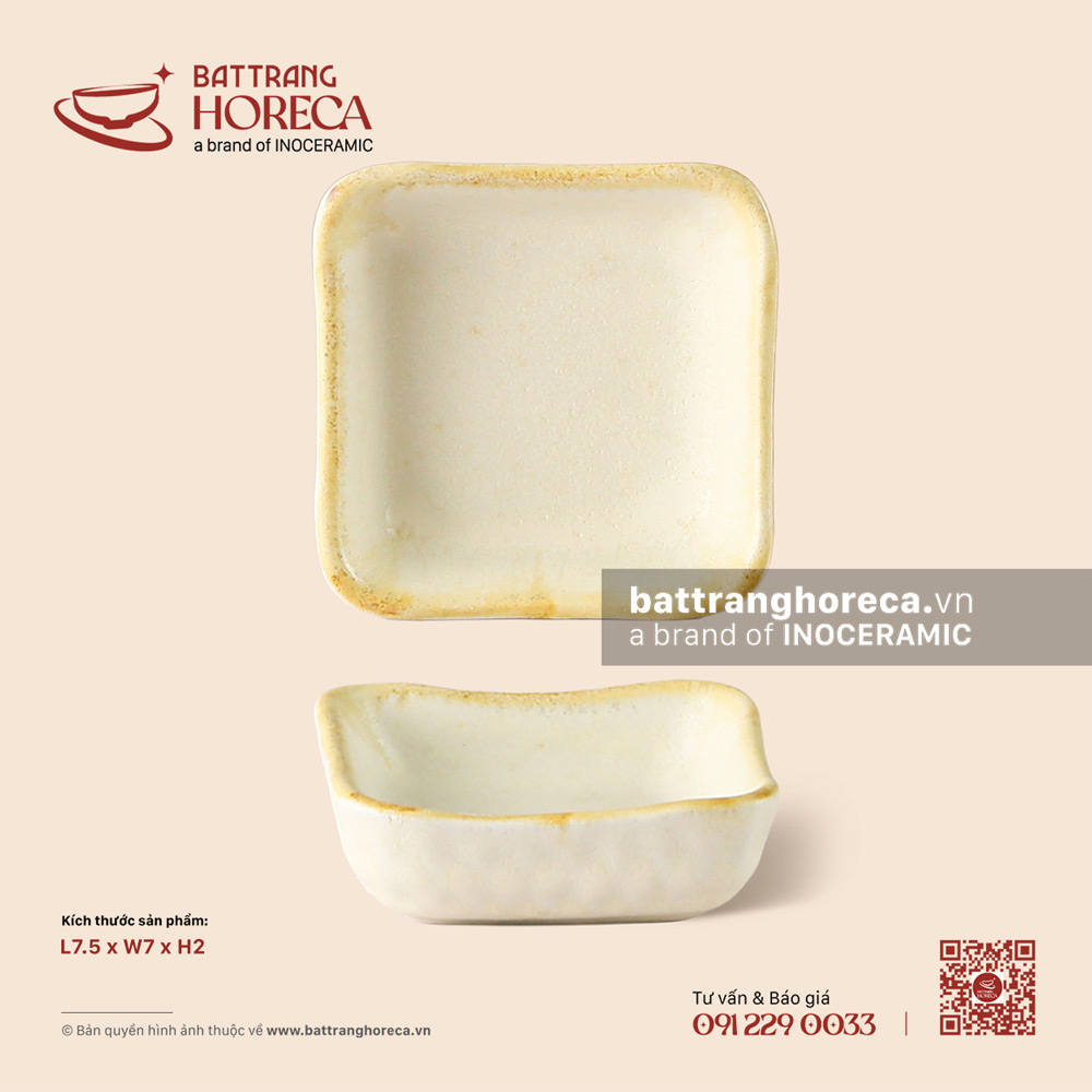 Bát (đĩa) gia vị muối vuông méo 7.5 x 7cm - Mộc Sa - Bát Tràng Horeca Bát (đĩa) gia vị muối vuông méo 7.5 x 7cm - Mộc Sa