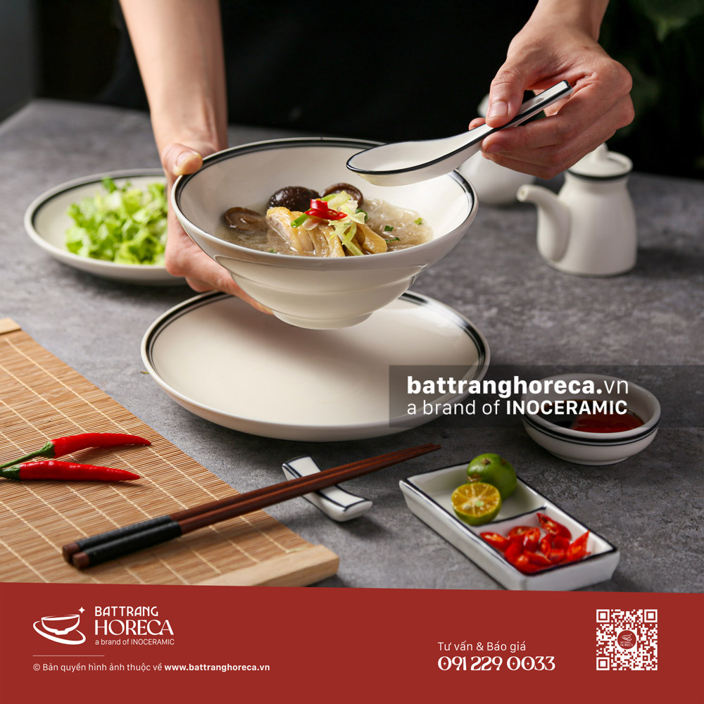 Bộ bát đĩa Tịnh Tuyến cho quán miến gà Bát Tràng - Bát Tràng Horeca Bộ bát đĩa Tịnh Tuyến cho quán miến gà Bát Tràng