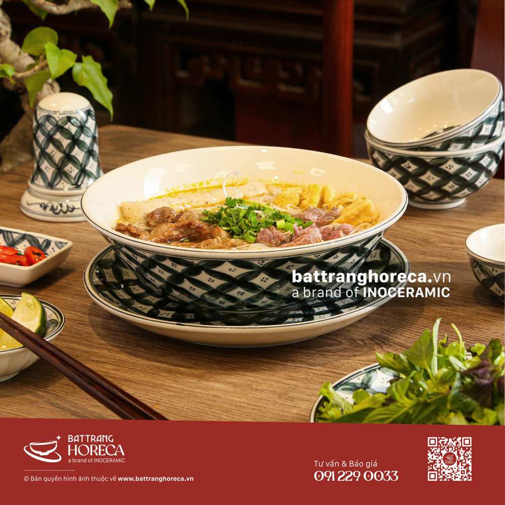 Bộ tô loe Hoa Chanh cho quán bún cá - Bát Tràng Horeca Bộ tô loe Hoa Chanh cho quán bún cá