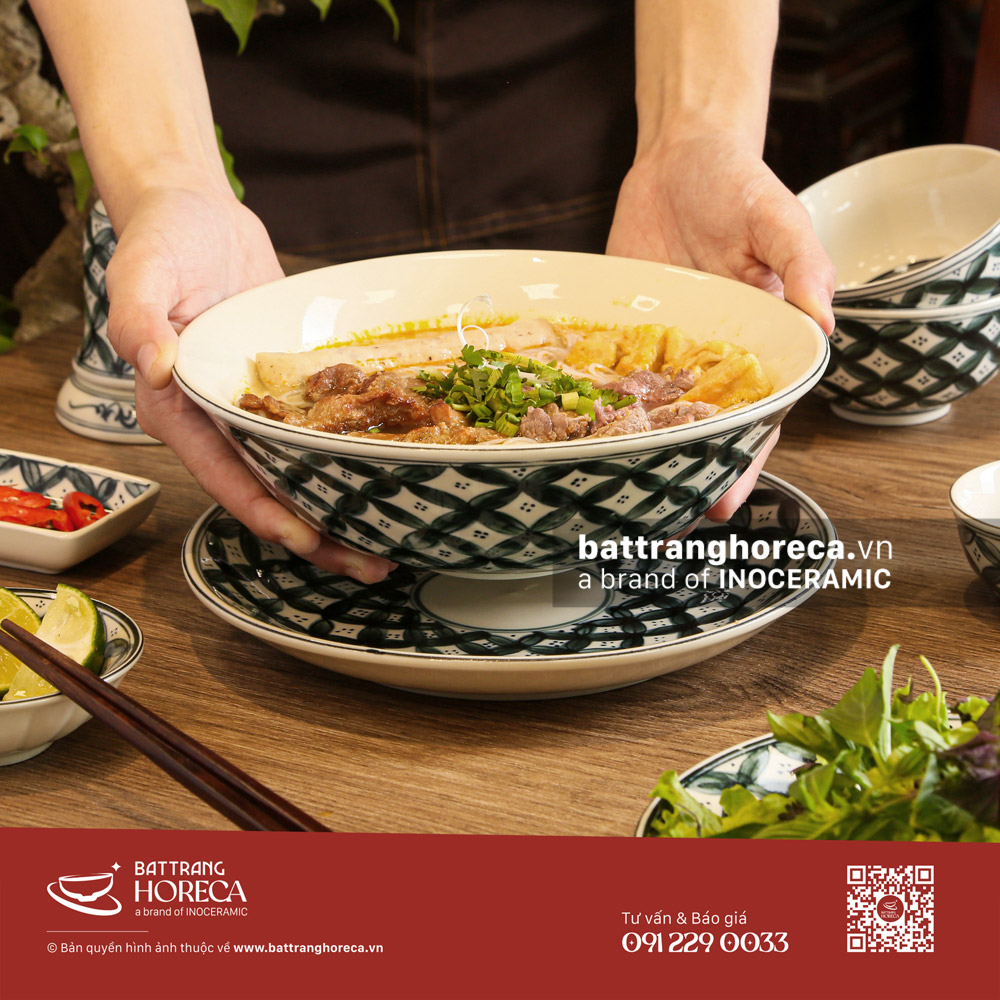 Bộ tô loe Hoa Chanh cho quán bún cá - Bát Tràng Horeca Bộ tô loe Hoa Chanh cho quán bún cá