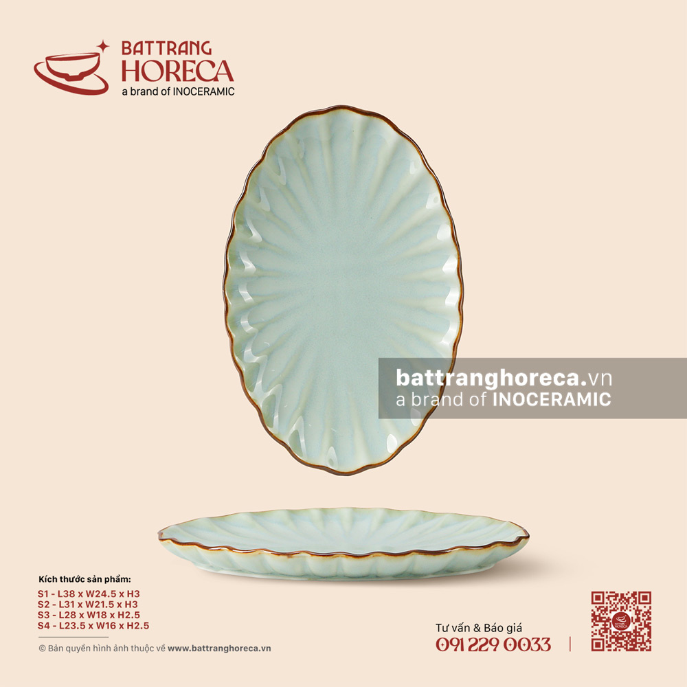 Đĩa bầu dục (oval) múi - Thanh Ngọc - Bát Tràng Horeca Đĩa bầu dục (oval) múi - Thanh Ngọc