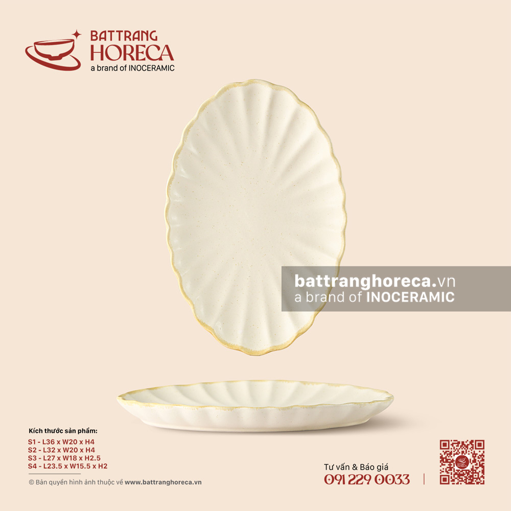 Đĩa bầu dục (oval) múi - Mộc Sa - Bát Tràng Horeca Đĩa bầu dục (oval) múi - Mộc Sa