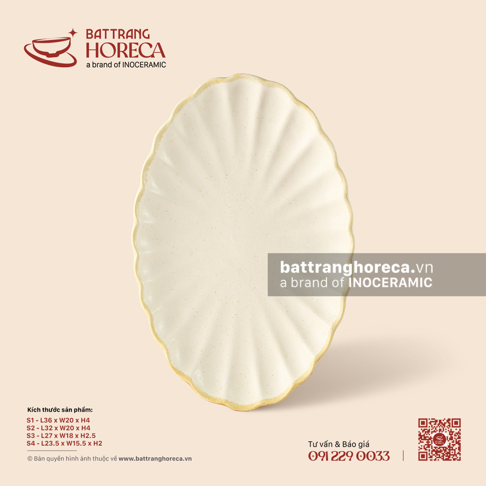 Đĩa bầu dục (oval) múi - Mộc Sa - Bát Tràng Horeca Đĩa bầu dục (oval) múi - Mộc Sa