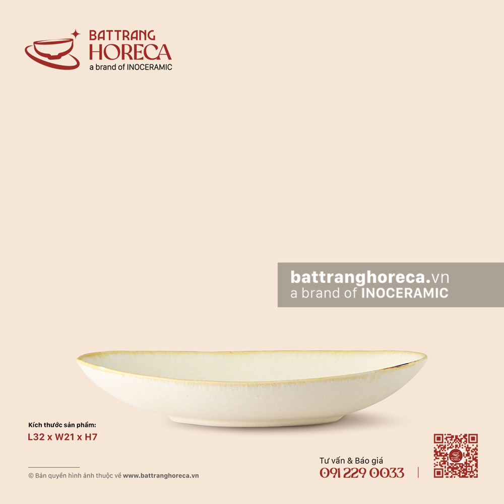 Đĩa bầu dục (oval) vênh 32 x 21cm - Mộc Sa - Bát Tràng Horeca Đĩa bầu dục (oval) vênh 32 x 21cm - Mộc Sa