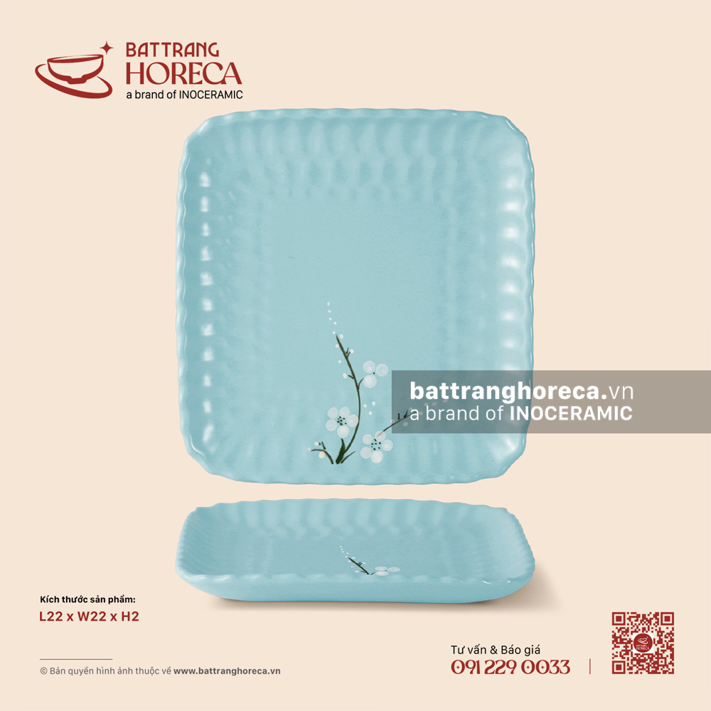 Đĩa bích quy 22cm - Đào Trắng - Bát Tràng Horeca Đĩa bích quy 22cm - Đào Trắng
