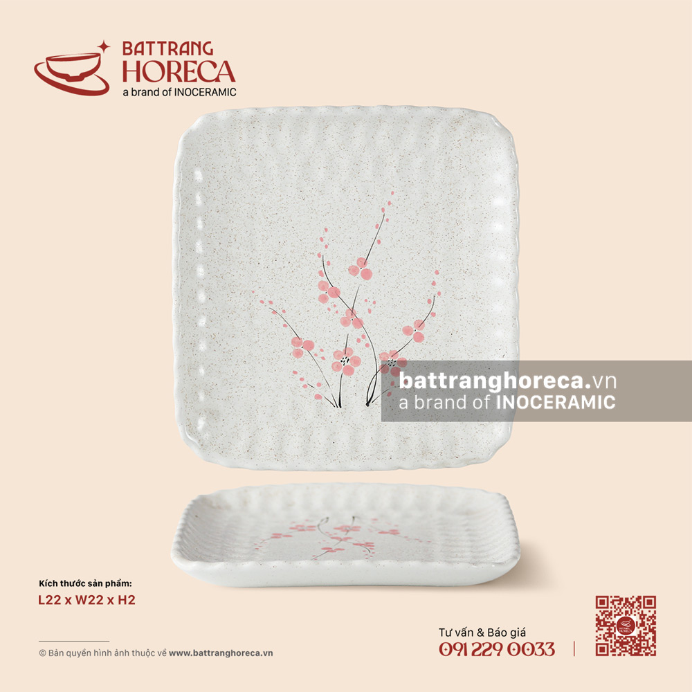 Đĩa bích quy 22cm - Đào Hồng - Bát Tràng Horeca Đĩa bích quy 22cm - Đào Hồng