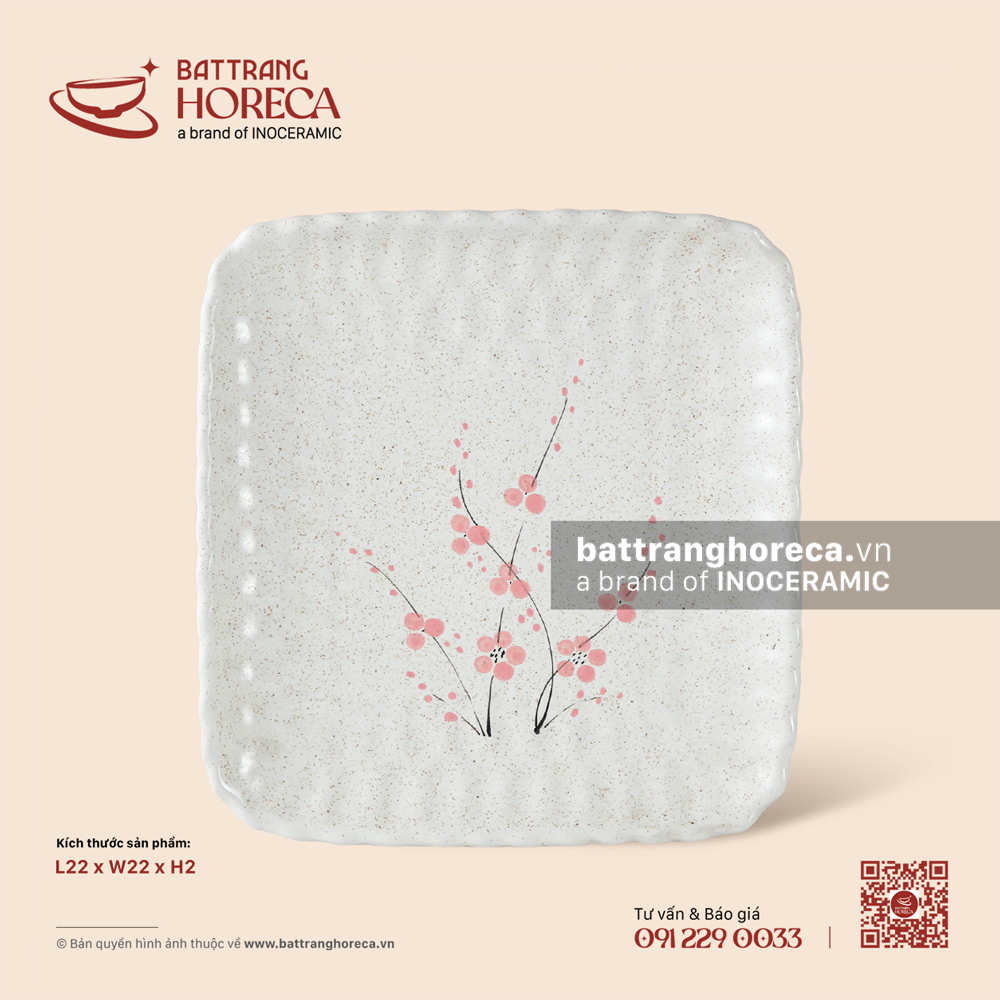 Đĩa bích quy 22cm - Đào Hồng - Bát Tràng Horeca Đĩa bích quy 22cm - Đào Hồng