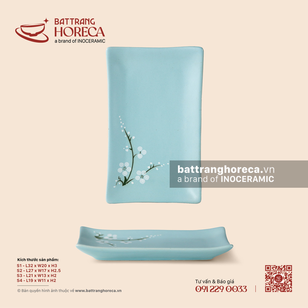 Đĩa chữ nhật ảo - Đào Trắng - Bát Tràng Horeca Đĩa chữ nhật ảo - Đào Trắng