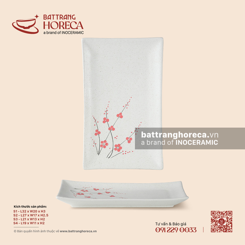 Đĩa chữ nhật ảo - Đào Hồng - Bát Tràng Horeca Đĩa chữ nhật ảo - Đào Hồng