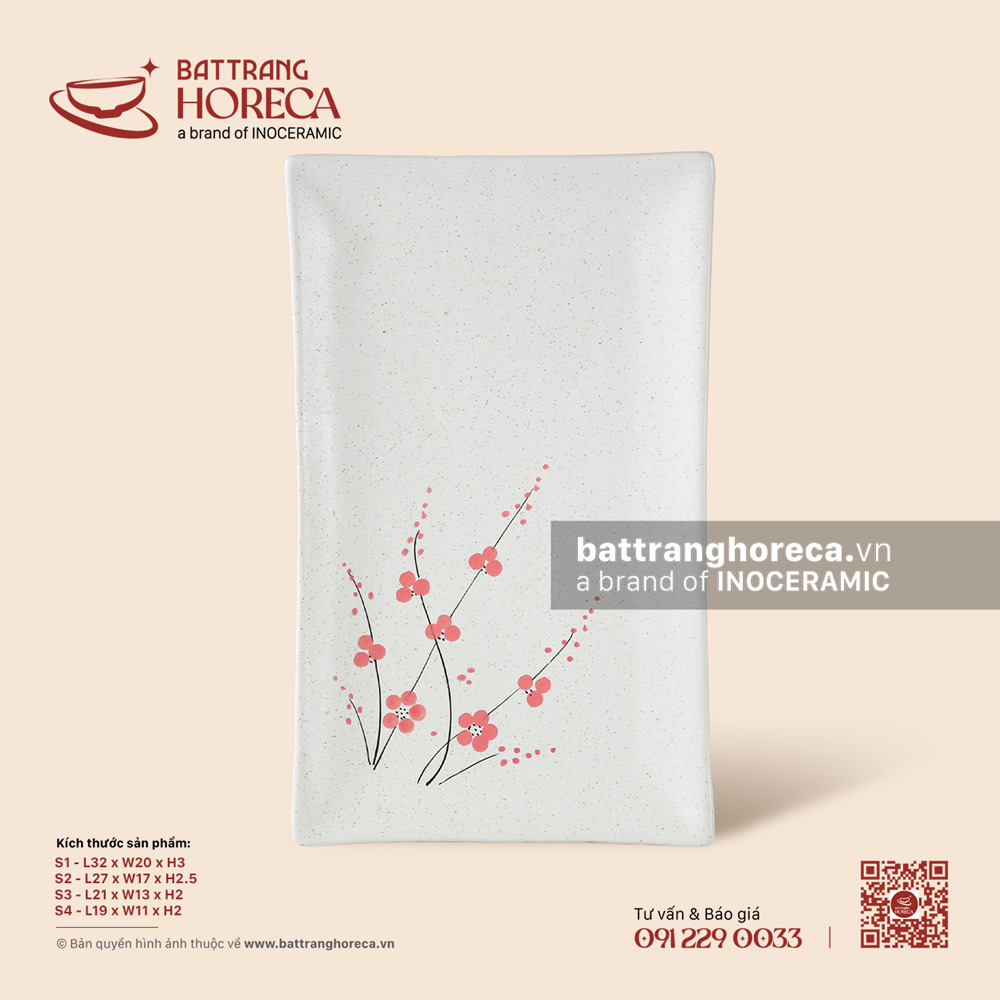 Đĩa chữ nhật ảo - Đào Hồng - Bát Tràng Horeca Đĩa chữ nhật ảo - Đào Hồng
