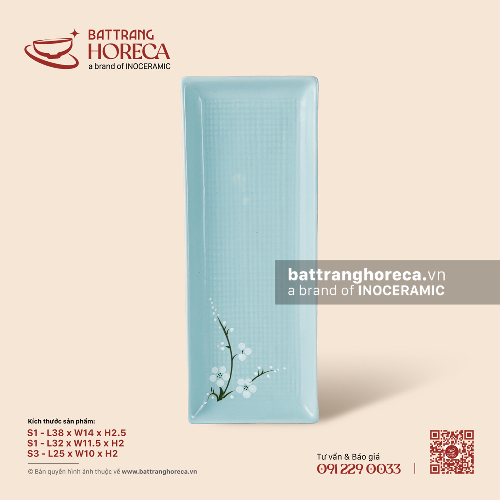 Đĩa chữ nhật dài - Đào Trắng - Bát Tràng Horeca Đĩa chữ nhật dài - Đào Trắng