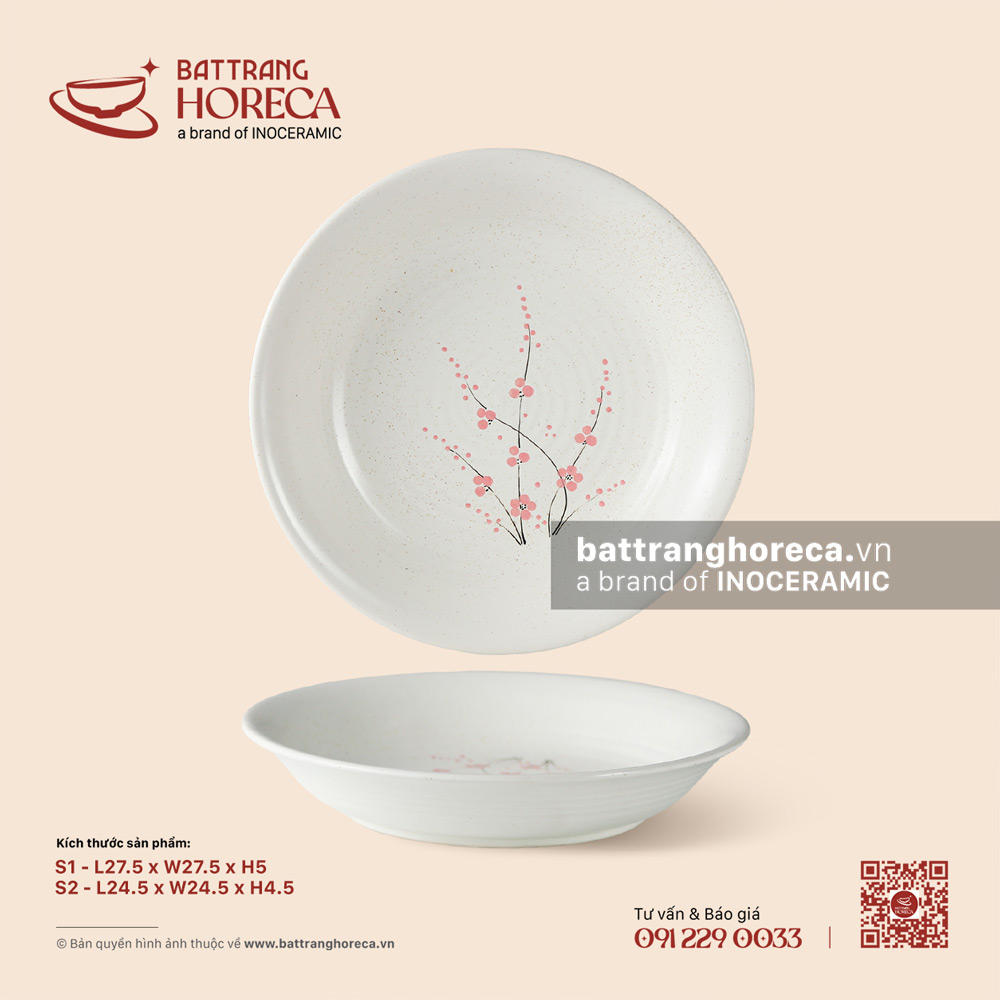 Đĩa tròn sâu lòng vành loe - Đào Hồng - Bát Tràng Horeca Đĩa tròn sâu lòng vành loe - Đào Hồng