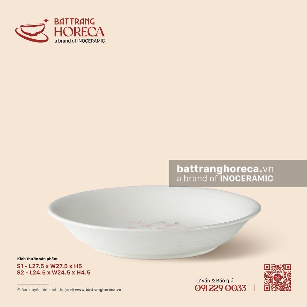Đĩa tròn sâu lòng vành loe - Đào Hồng - Bát Tràng Horeca Đĩa tròn sâu lòng vành loe - Đào Hồng