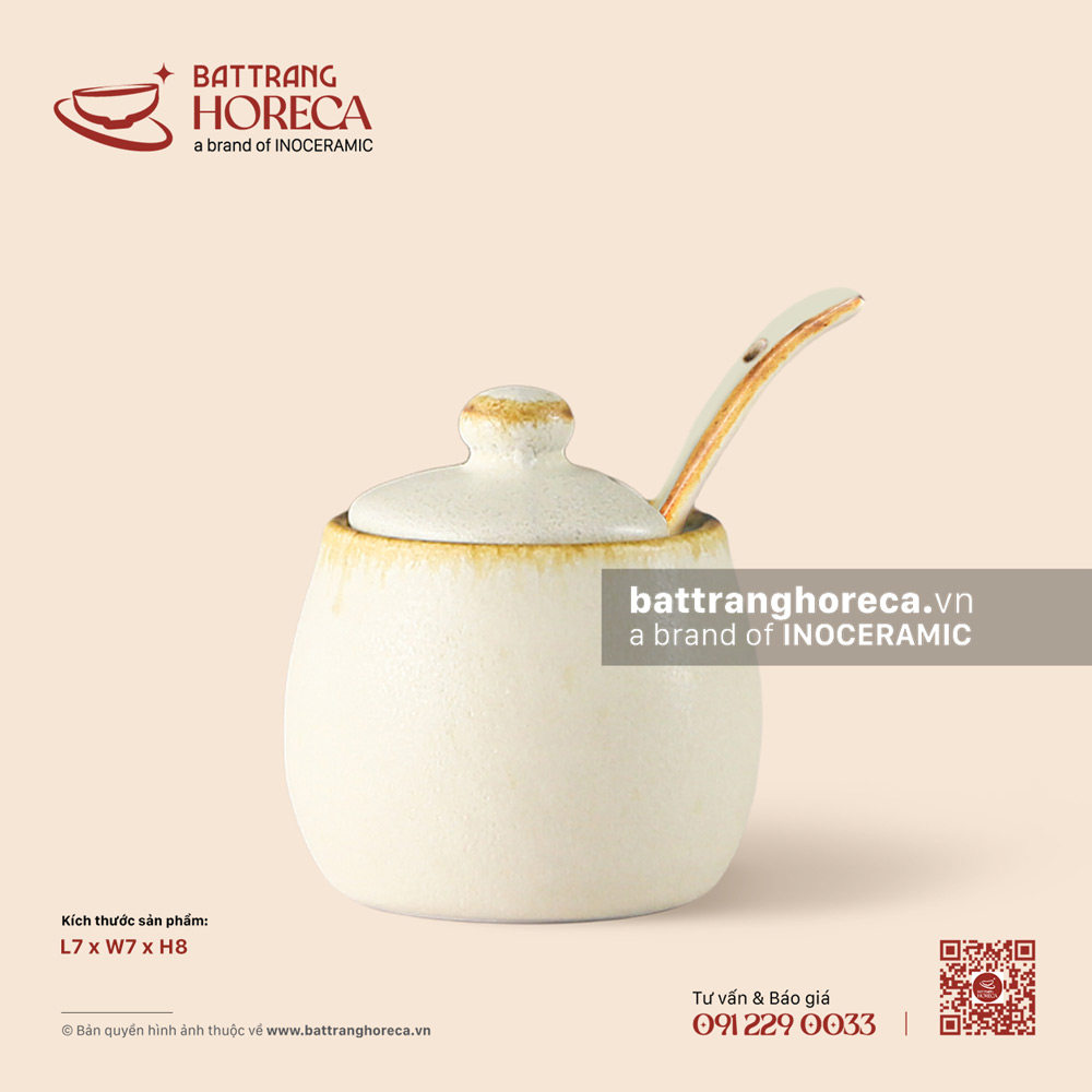 Hũ đựng đường kèm thìa 7cm - Mộc Sa - Bát Tràng Horeca Hũ đựng đường kèm thìa 7cm - Mộc Sa