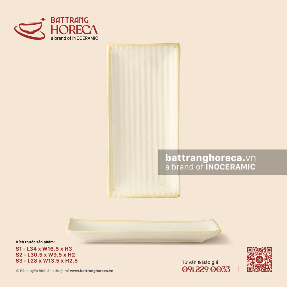 Khay chữ nhật ảo vân chuối dài - Mộc Sa - Bát Tràng Horeca Khay chữ nhật ảo vân chuối dài - Mộc Sa