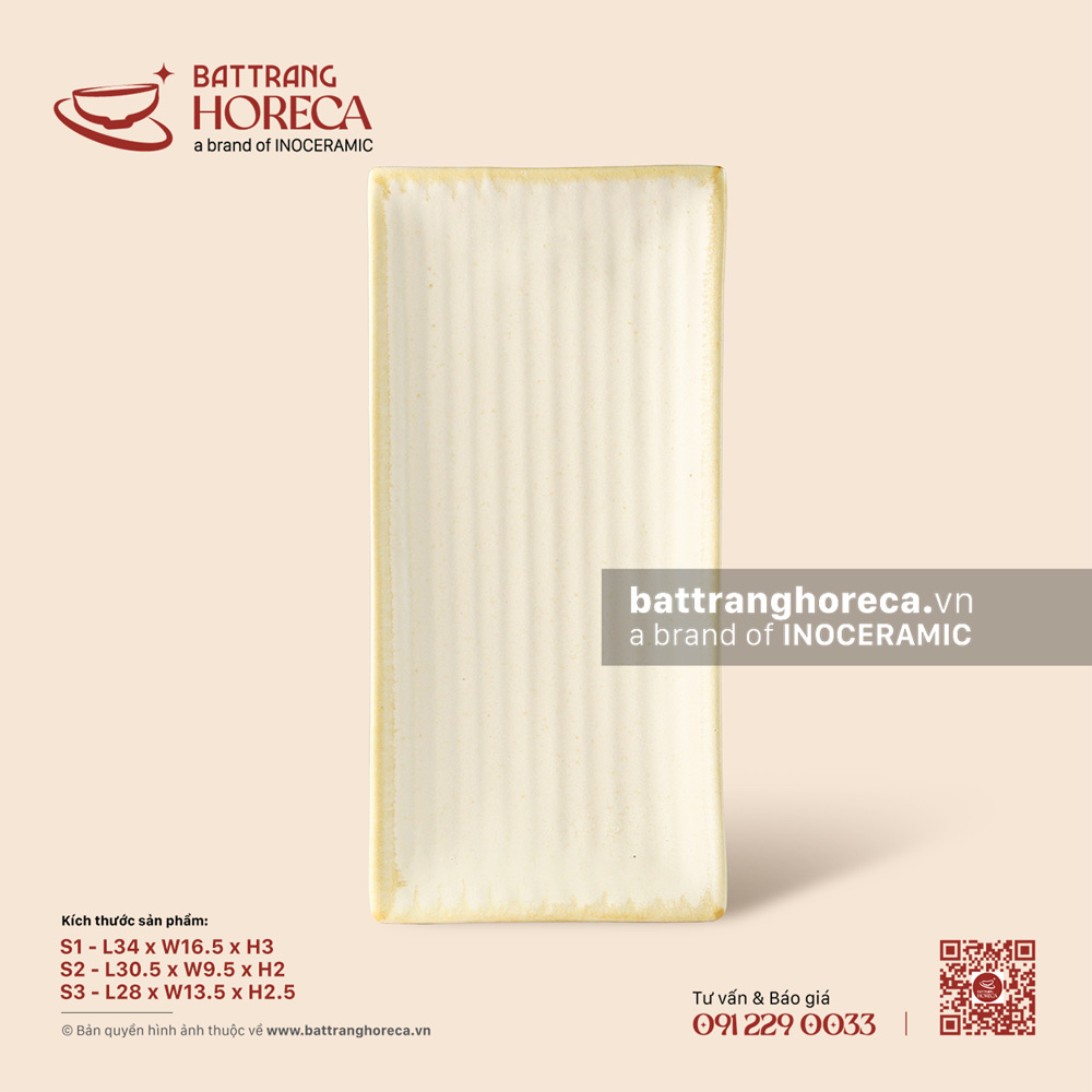 Khay chữ nhật ảo vân chuối dài - Mộc Sa - Bát Tràng Horeca Khay chữ nhật ảo vân chuối dài - Mộc Sa