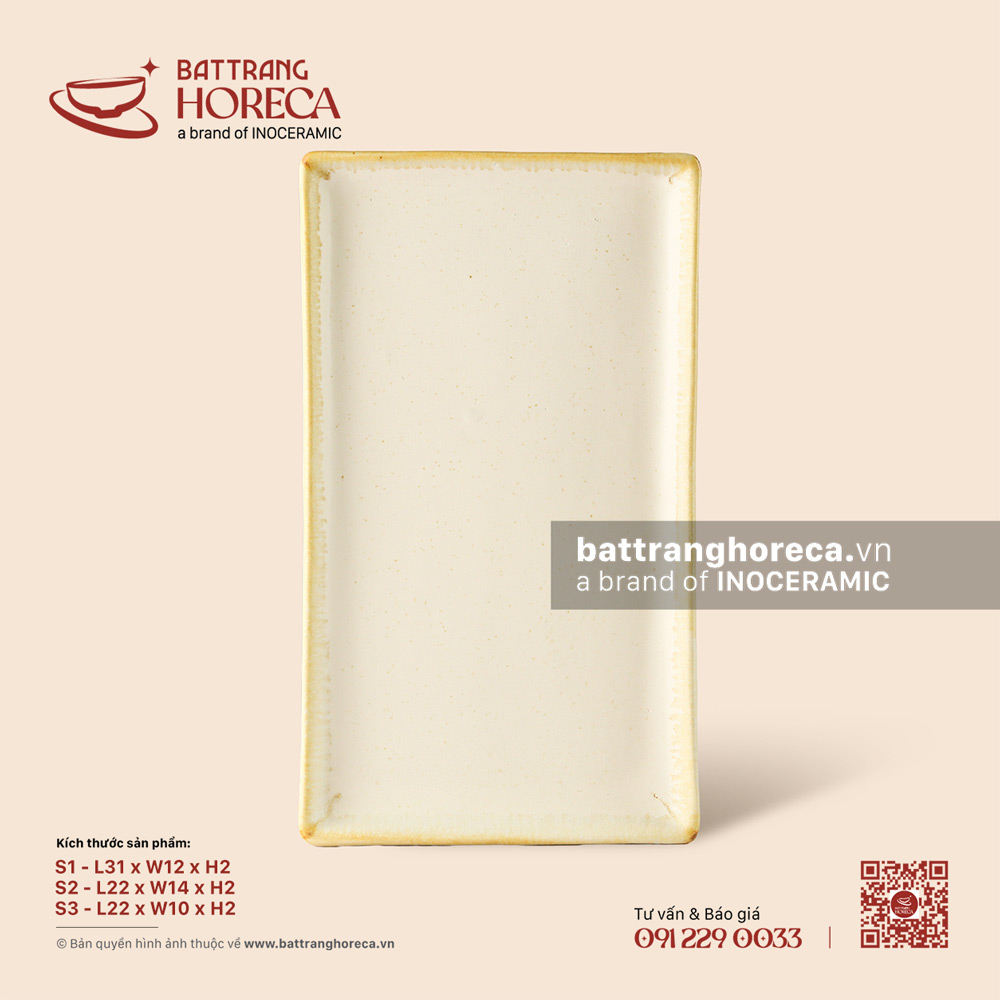 Khay chữ nhật viền thành dài - Mộc Sa - Bát Tràng Horeca Khay chữ nhật viền thành dài - Mộc Sa