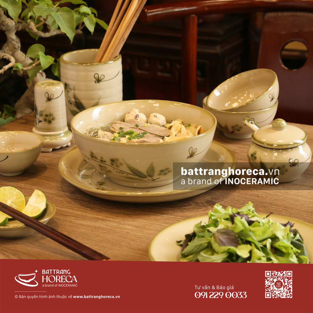 Set bát đĩa Đào Chuồn cho quán ăn Việt Bát Tràng - Bát Tràng Horeca Set bát đĩa Đào Chuồn cho quán ăn Việt Bát Tràng