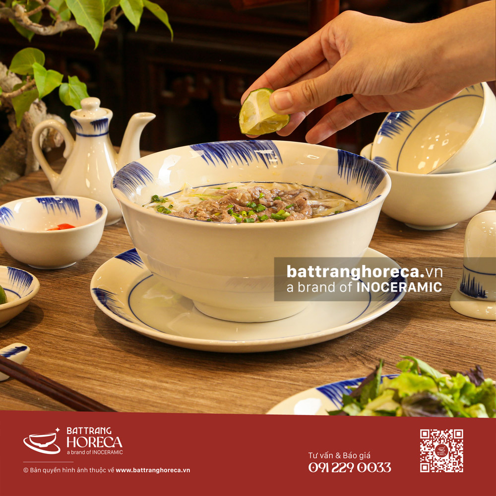 Set bát đĩa Hương Đồng cho quán bún phở Bát Tràng - Bát Tràng Horeca Set bát đĩa Hương Đồng cho quán bún phở Bát Tràng