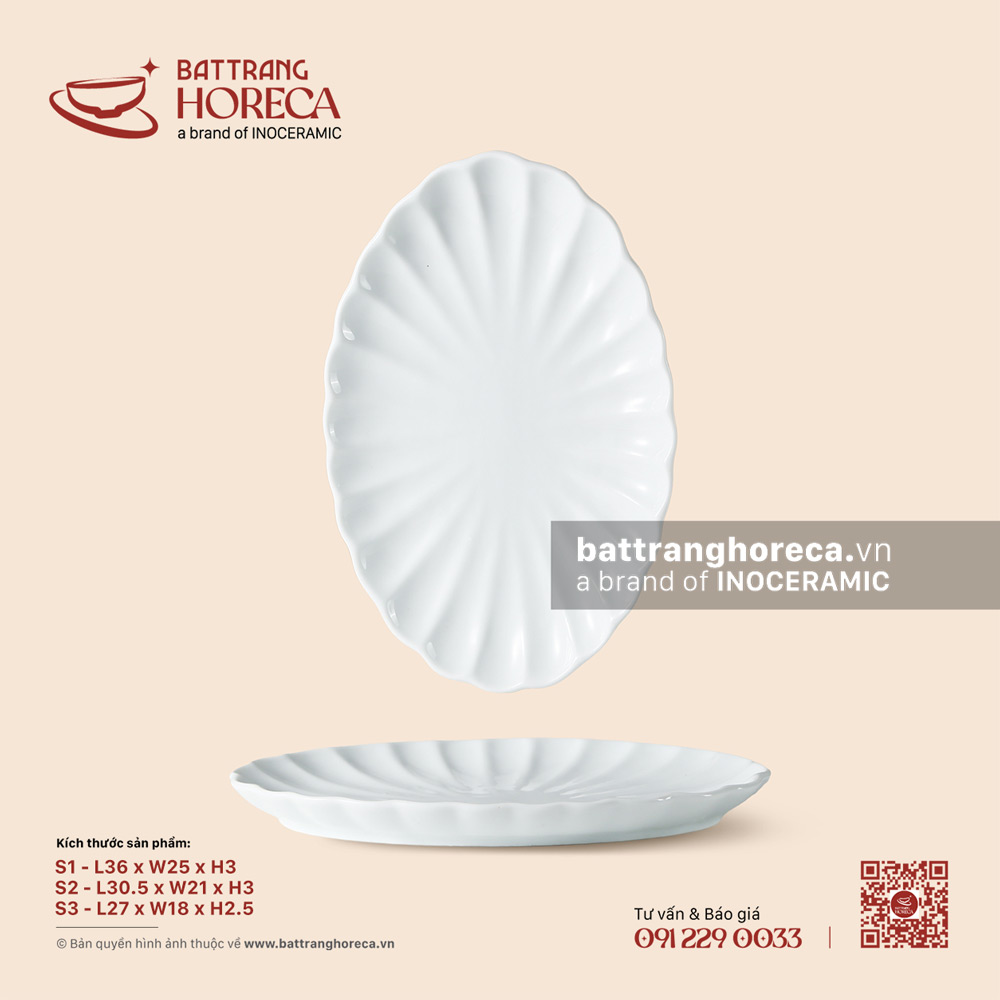 Đĩa bầu dục (oval) múi - Minh Nguyệt - Bát Tràng Horeca Đĩa bầu dục (oval) múi - Minh Nguyệt