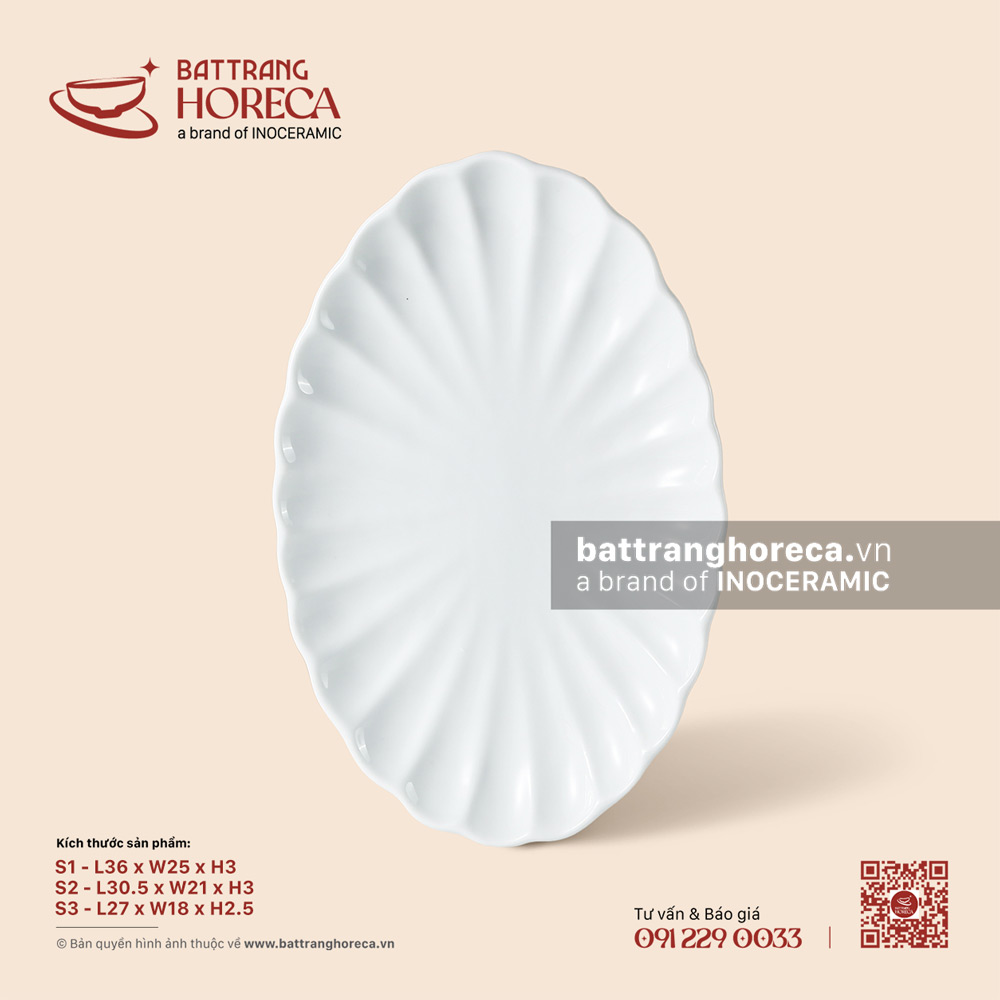 Đĩa bầu dục (oval) múi - Minh Nguyệt - Bát Tràng Horeca Đĩa bầu dục (oval) múi - Minh Nguyệt