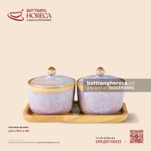 Bộ 2 hũ mứt trụ kèm khay gỗ 22 x 11cm - Tuyết Hồng