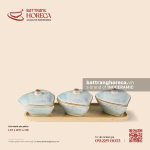 Bộ 3 hũ mứt tim kèm khay gỗ 31 x 11cm - Khói Lam