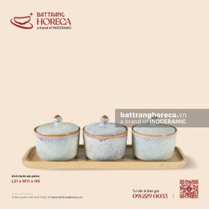Bộ 3 hũ mứt trụ kèm khay gỗ 31 x 11cm - Khói Lam