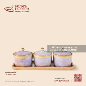Bộ 3 hũ mứt trụ kèm khay gỗ 31 x 11cm - Tuyết Hồng
