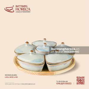 Bộ 6 hũ mứt cánh hoa kèm khay gỗ tròn 32cm - Khói Lam
